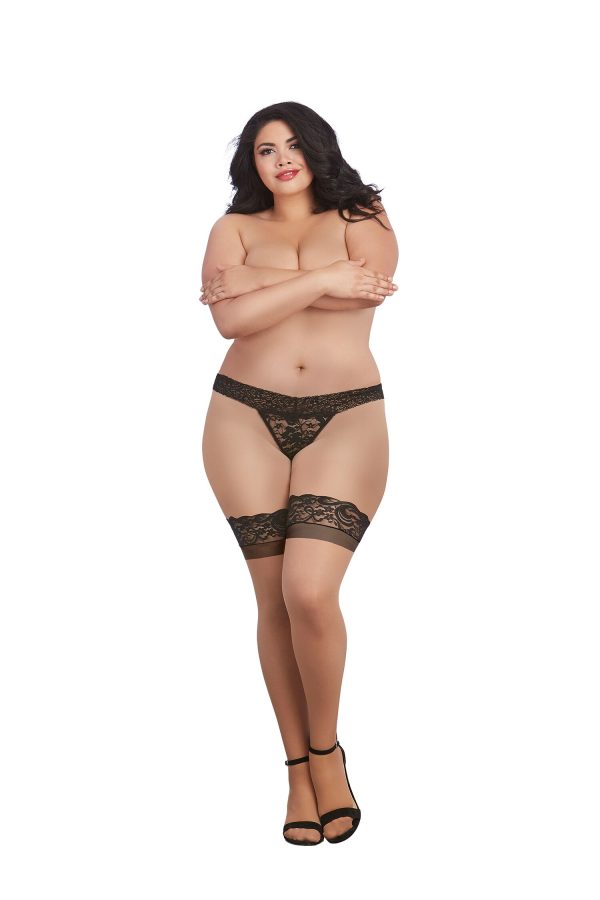 Cuban Heel Lace Top Thigh High Nude/black O/s