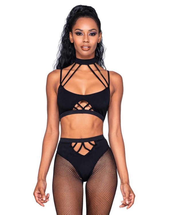 Strappy Bralette & Pantyhose 2pc Black O-s
