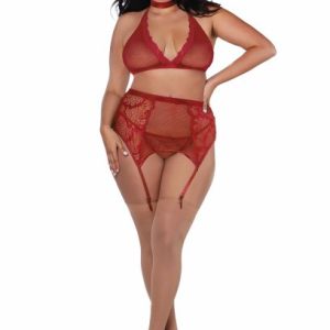 Fishnet & Lace 4pc Set W- Stretch Velvet Trim Garnet O-s Queen