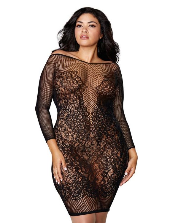 Seamless Fishnet & Lace Chemise Black Queen - Image 4