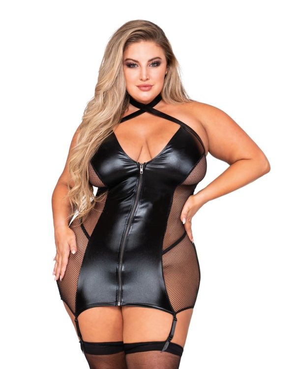 Faux Leather & Fishnet Garter Dress Black - Image 3