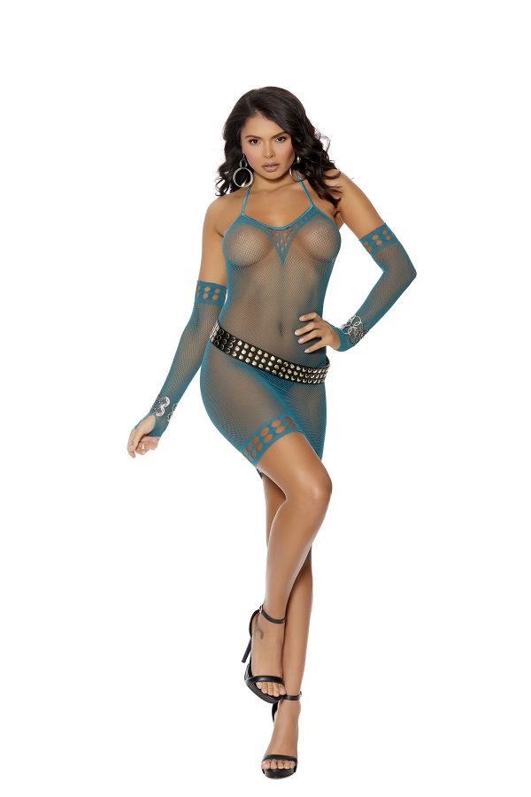 Crochet Mini Dress W- Matching Gloves Dusky Jade